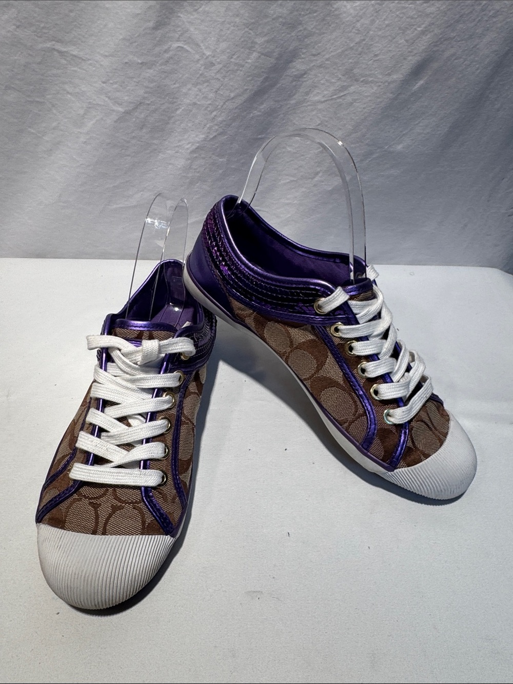 Coach Women's Signature Canvas Sneakers with Purple Trim and White Soles